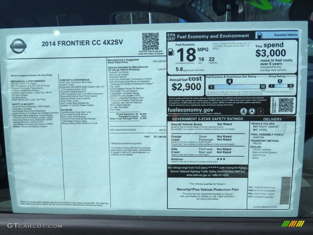 2014 Nissan Frontier SV Crew Cab Window Sticker Photo #91421012