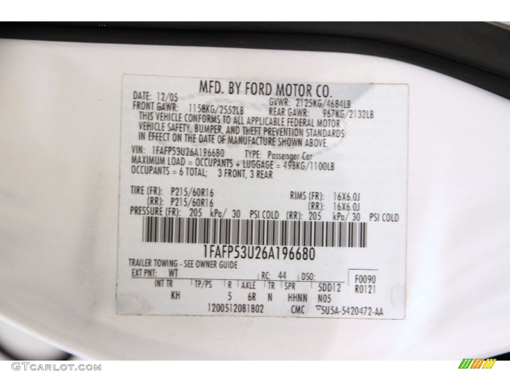 2006 Ford Taurus SE Color Code Photos