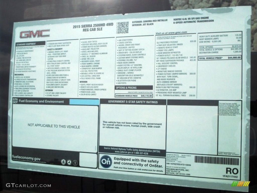 2015 GMC Sierra 2500HD SLE Regular Cab 4x4 Window Sticker Photo #91489783