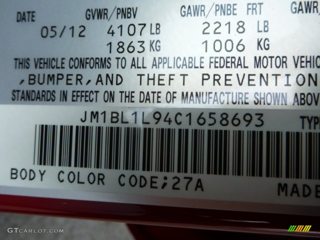 2012 MAZDA3 Color Code 27A for Velocity Red Mica Photo #91519682