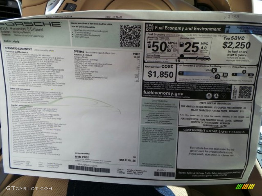 2014 Porsche Panamera S E-Hybrid Window Sticker Photo #91616199