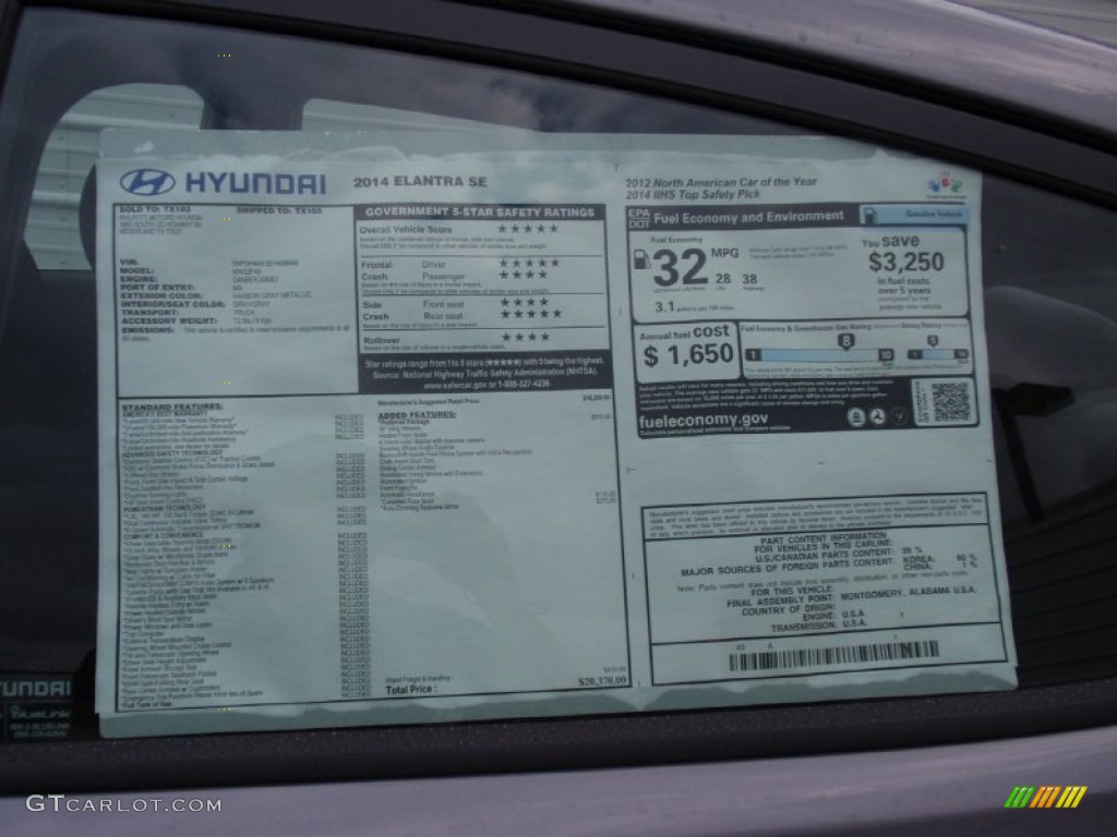 2014 Elantra SE Sedan - Gray / Gray photo #34