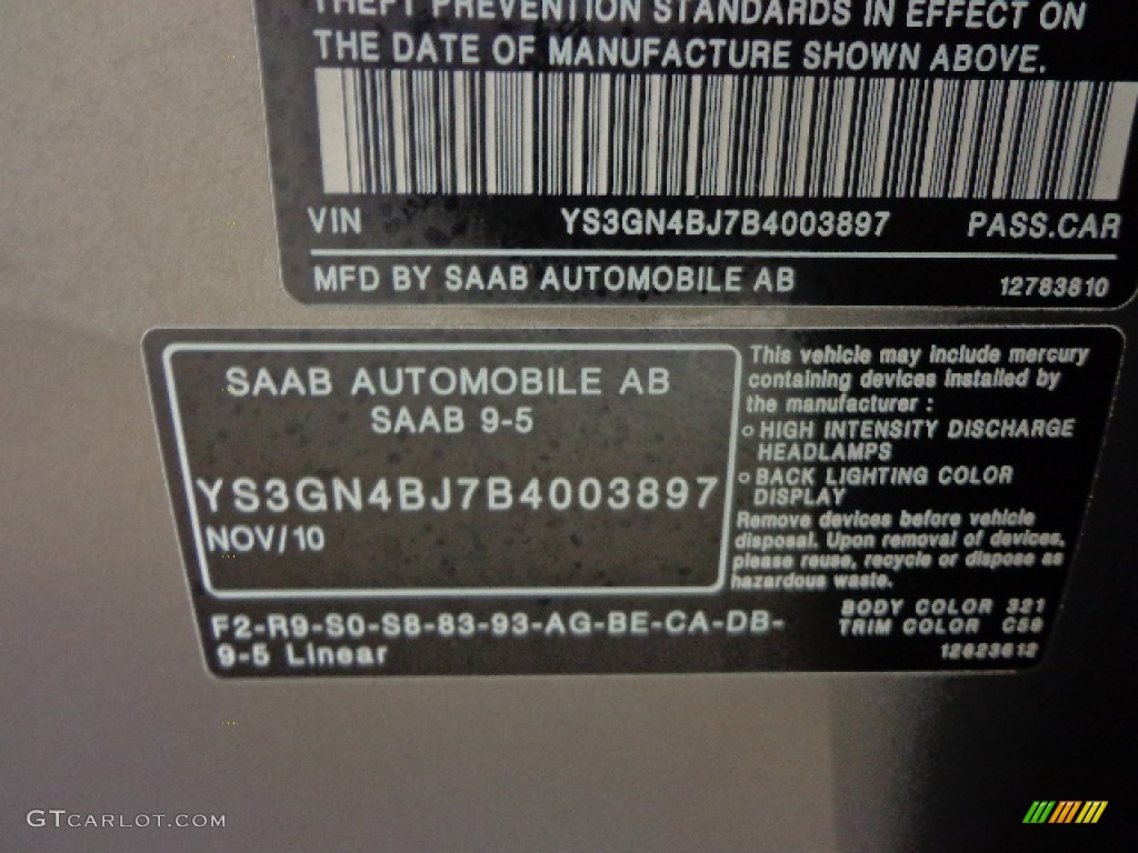 2011 Saab 9-5 Turbo6 XWD Sedan Color Code Photos