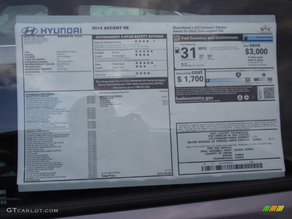 2014 Hyundai Accent SE 5 Door Window Sticker Photo #91667366