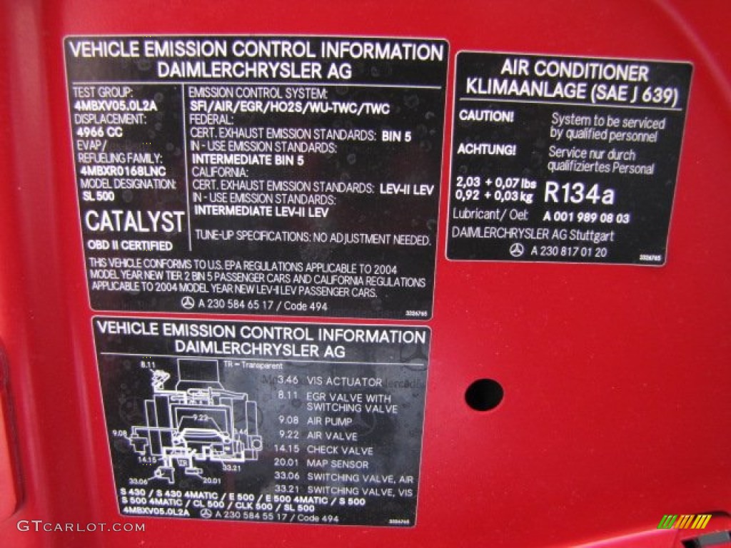 2004 Mercedes-Benz SL 500 Roadster Info Tag Photo #91717111