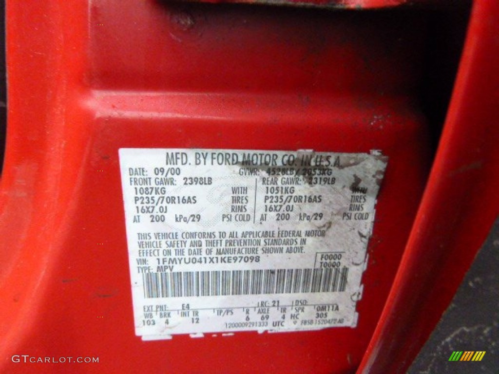 2001 Escape Color Code E4 for Bright Red Metallic Photo #91743208