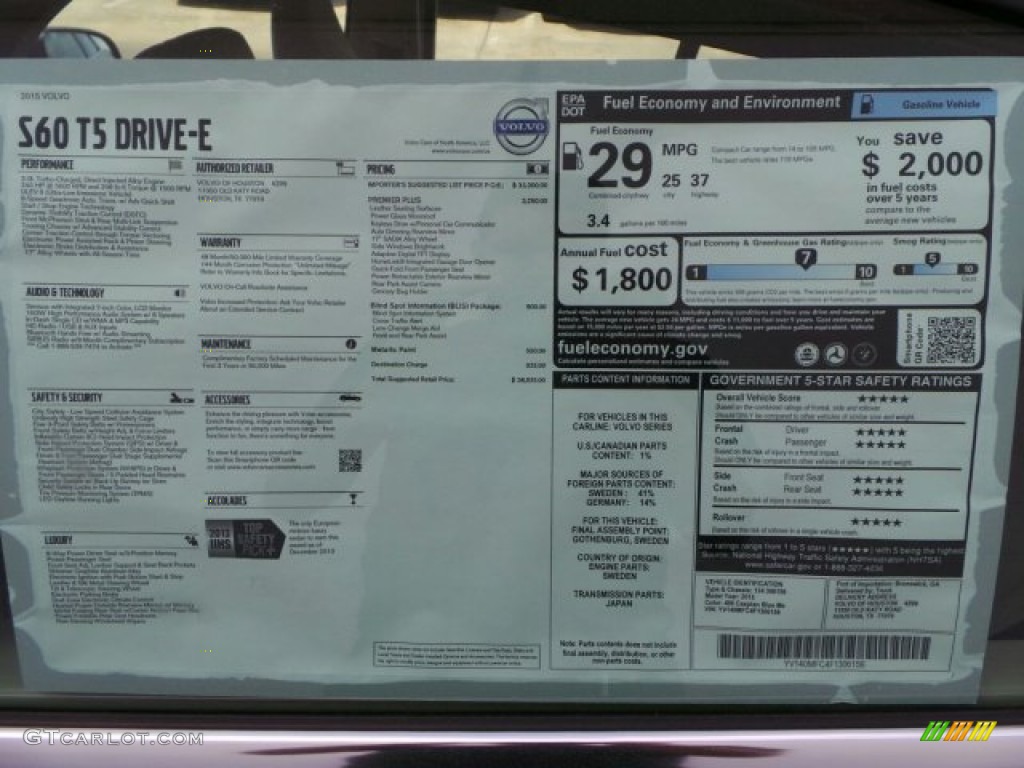 2015 Volvo S60 T5 Drive-E Window Sticker Photo #91762238