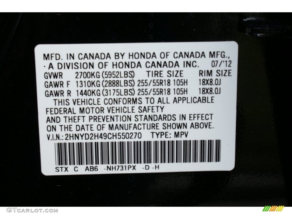 2012 Acura MDX SH-AWD Technology Color Code Photos