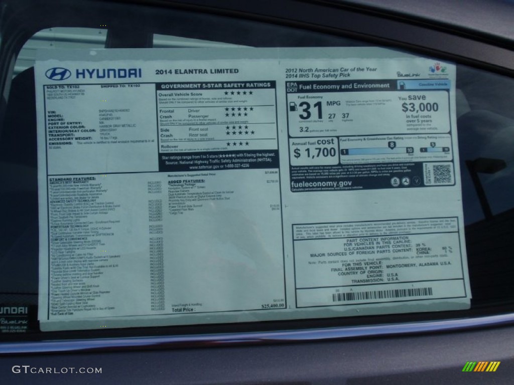 2014 Elantra Limited Sedan - Gray / Gray photo #35