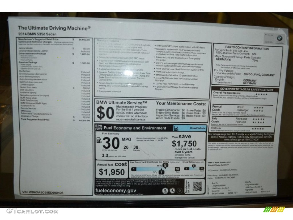 2014 BMW 5 Series 535d Sedan Window Sticker Photo #91867331