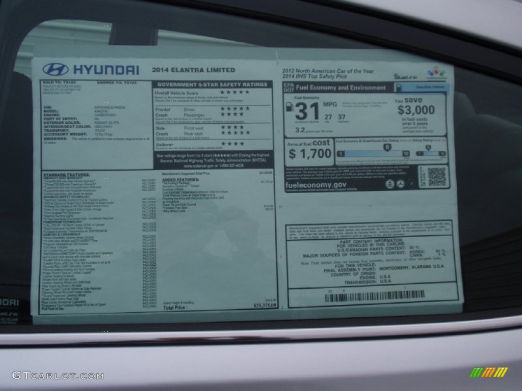 2014 Elantra Limited Sedan - Silver / Gray photo #35