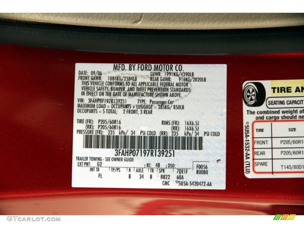 2007 Ford Fusion SE V6 Color Code Photos
