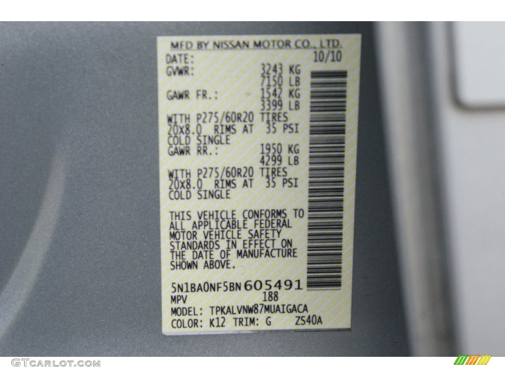 2011 Nissan Armada Platinum Color Code Photos