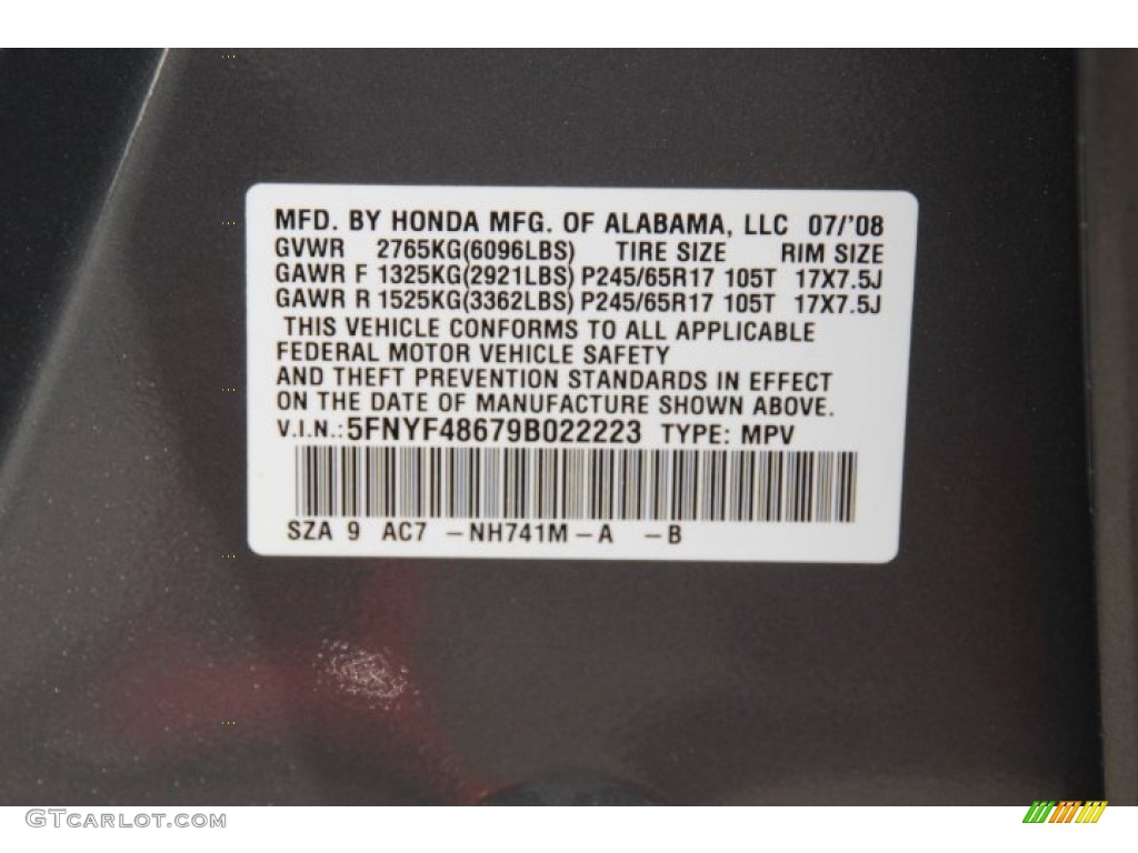 2009 Pilot EX-L 4WD - Nimbus Gray Metallic / Black photo #34