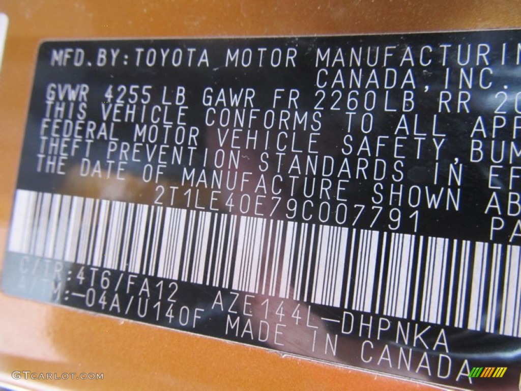 2009 Toyota Matrix S AWD Color Code Photos