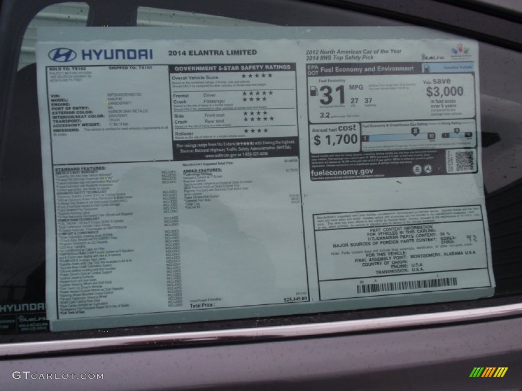 2014 Elantra Limited Sedan - Gray / Gray photo #36