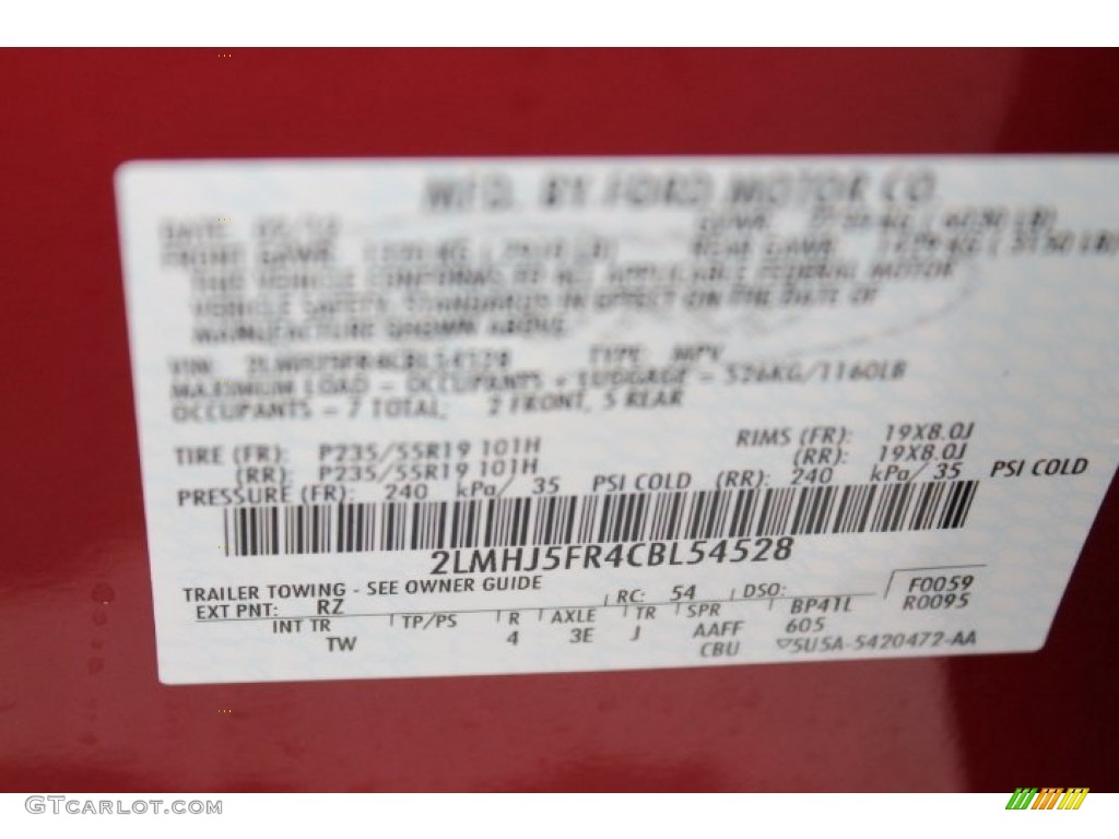 2012 Lincoln MKT FWD Color Code Photos