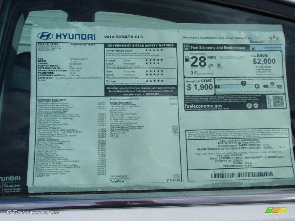 2014 Sonata GLS - Pearl White / Gray photo #33