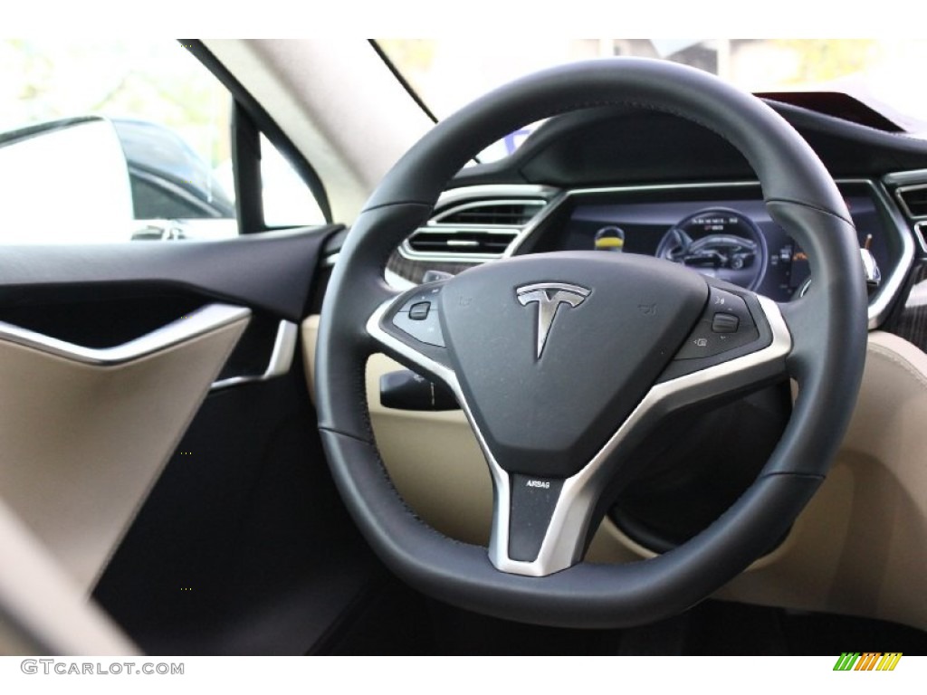 2013 Tesla Model S P85 Performance Tan Steering Wheel Photo #92041742