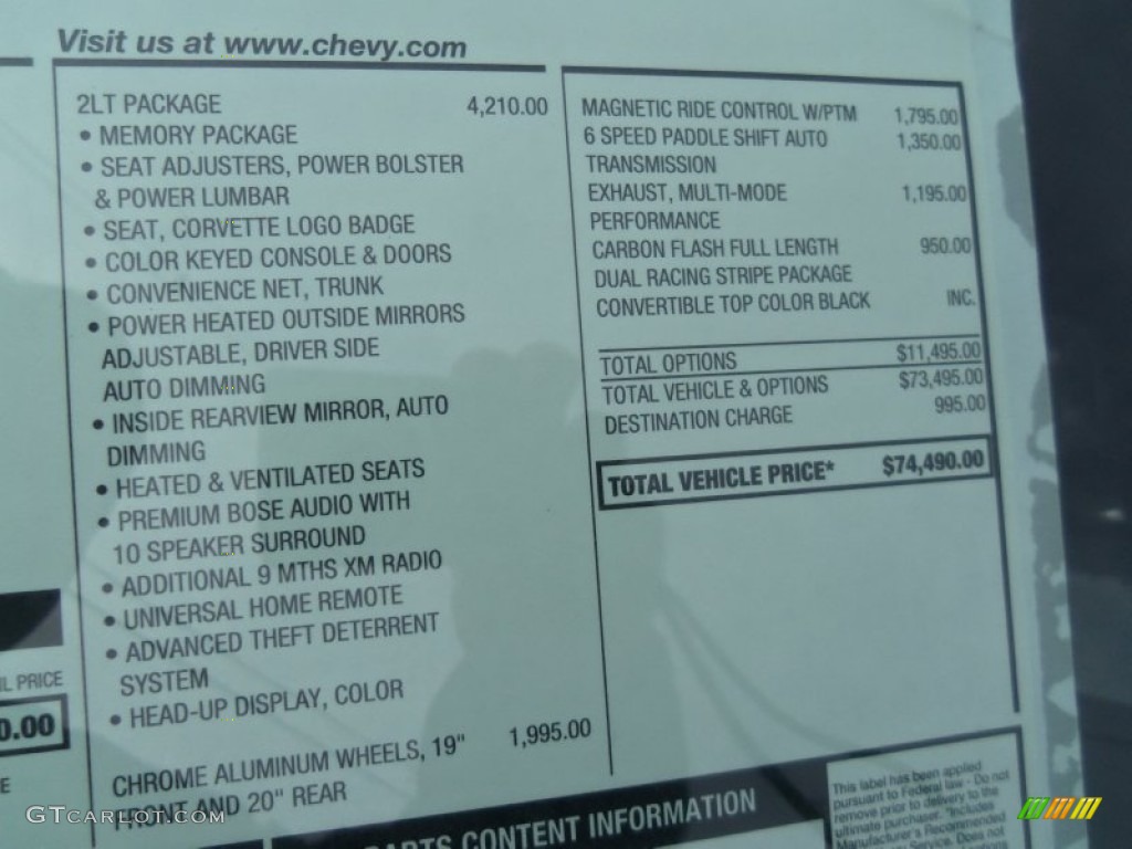 2014 Chevrolet Corvette Stingray Convertible Z51 Window Sticker Photo #92069553