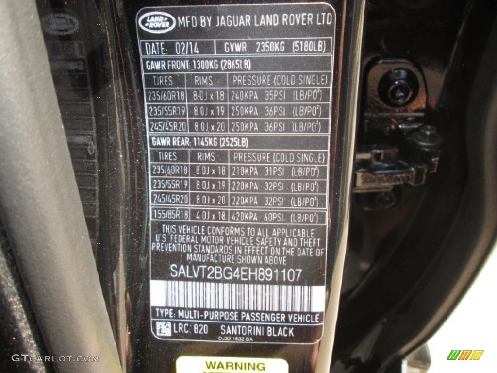 2014 Range Rover Evoque Color Code 820 for Santorini Black Metallic Photo #92082521