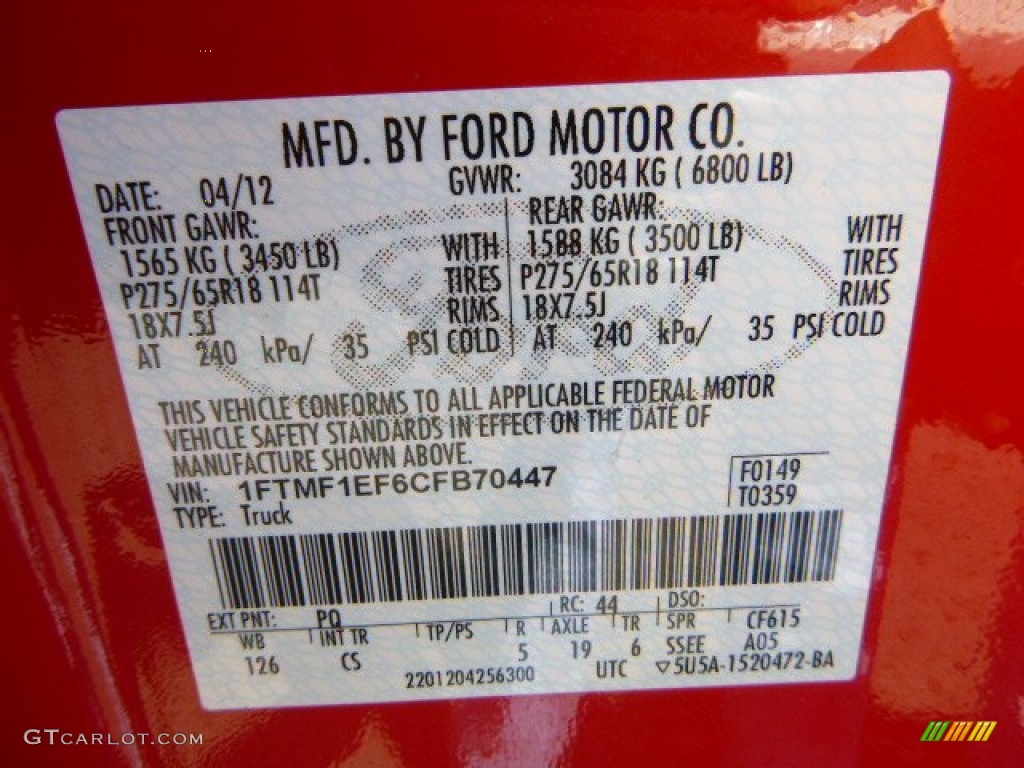 2012 Ford F150 STX Regular Cab 4x4 Color Code Photos