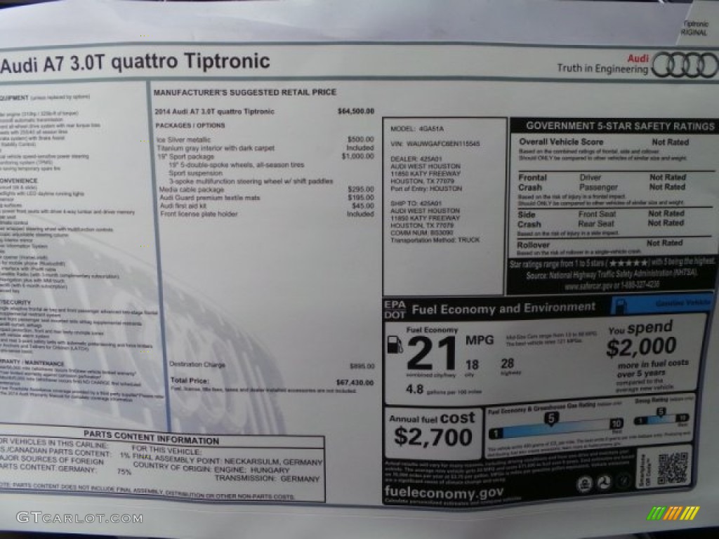 2014 Audi A7 3.0T quattro Premium Plus Window Sticker Photo #92112791