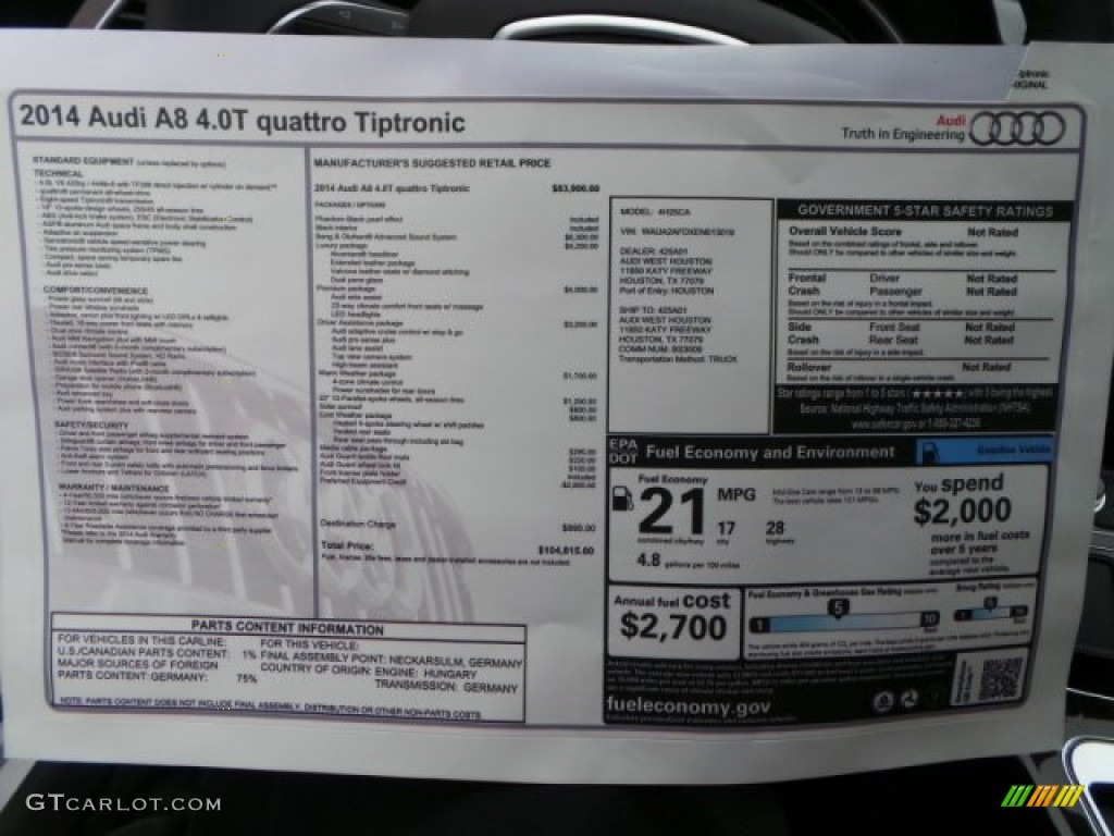 2014 Audi A8 4.0T quattro Window Sticker Photo #92115275