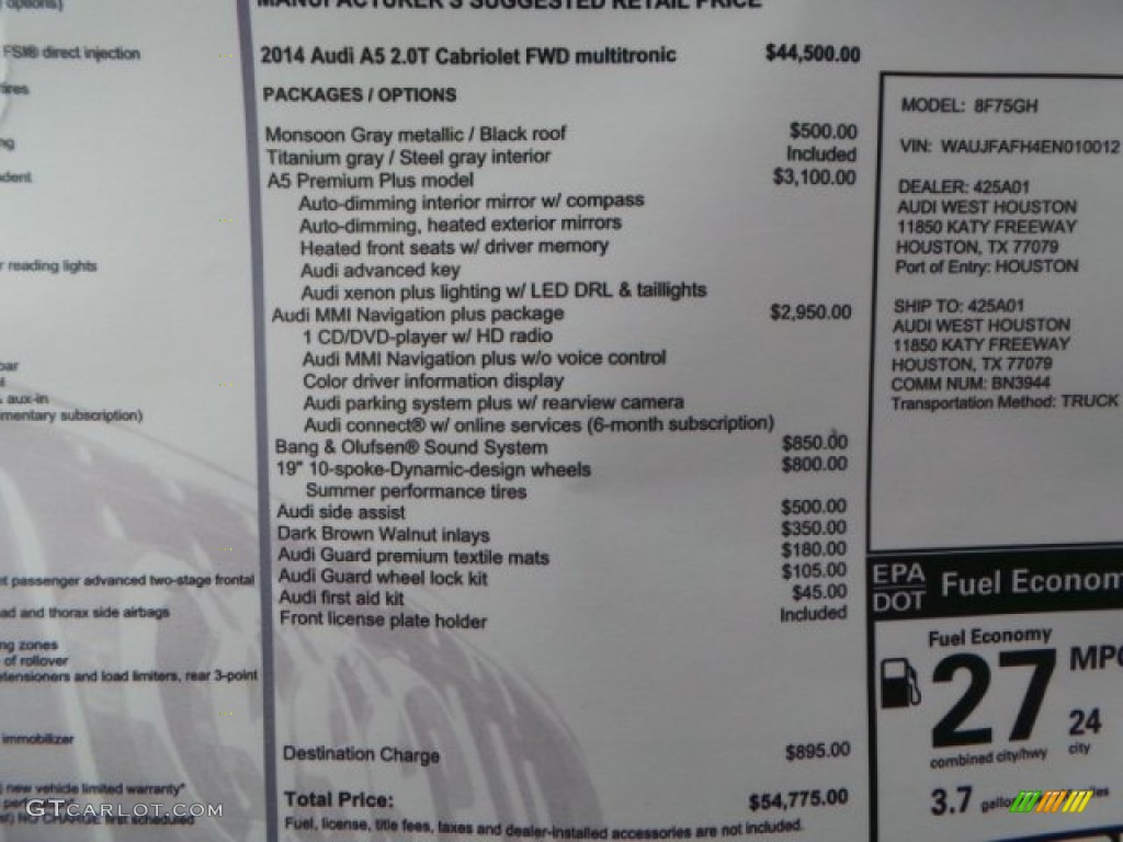 2014 Audi A5 2.0T Cabriolet Window Sticker Photo #92116010