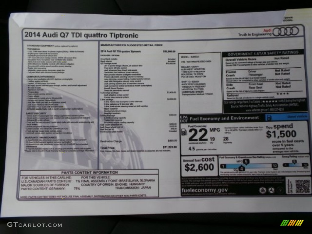 2014 Audi Q7 3.0 TDI quattro S Line Package Window Sticker Photo #92116830