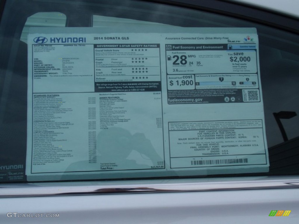 2014 Sonata GLS - Pearl White / Gray photo #33