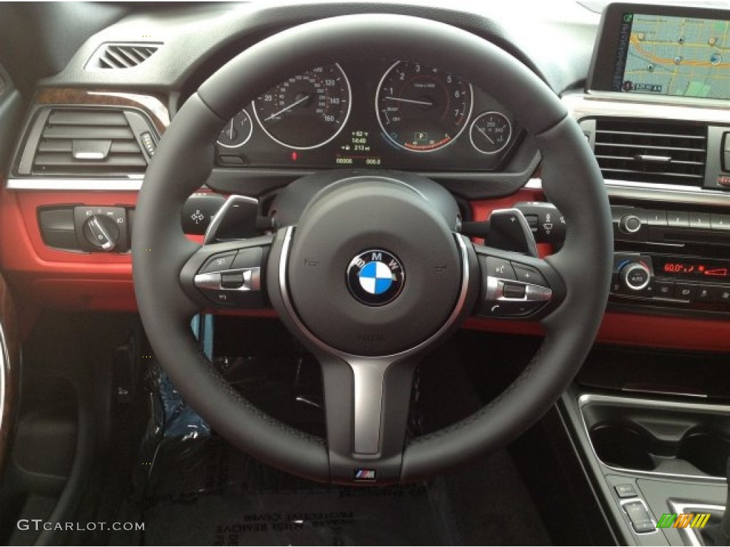 2014 BMW 4 Series 435i Coupe Coral Red Steering Wheel Photo #92139439