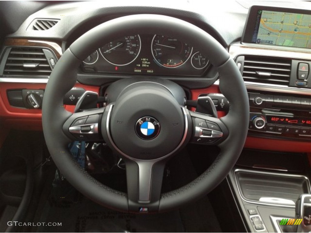 2014 BMW 4 Series 435i Coupe Coral Red Steering Wheel Photo #92139637