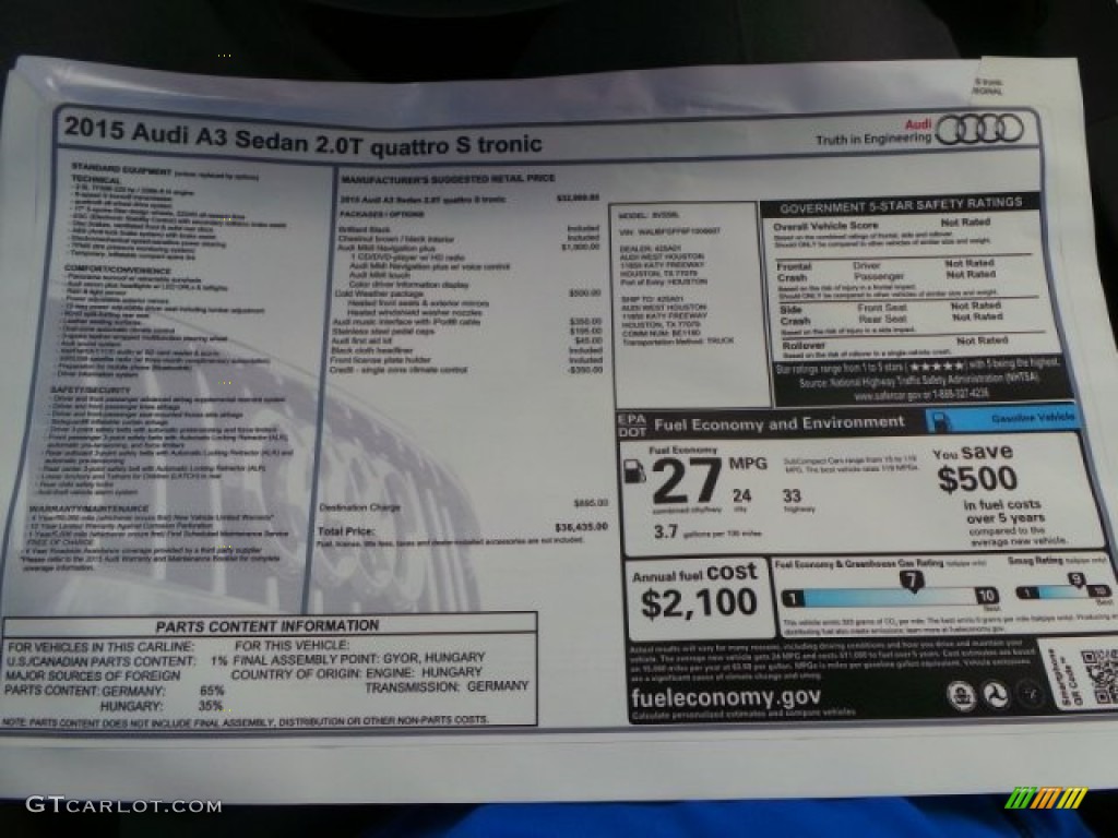 2015 Audi A3 2.0 Premium quattro Window Sticker Photo #92170681