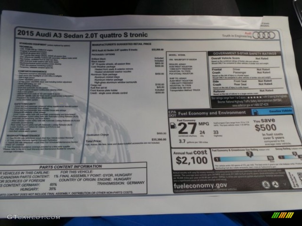2015 Audi A3 2.0 Premium quattro Window Sticker Photo #92178793