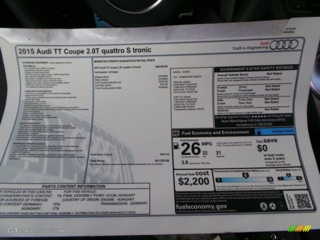 2015 Audi TT 2.0T quattro Coupe Window Sticker Photo #92179729