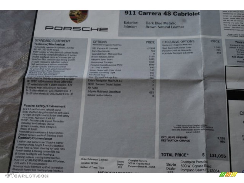 2011 Porsche 911 Carrera 4S Cabriolet Window Sticker Photo #92196436