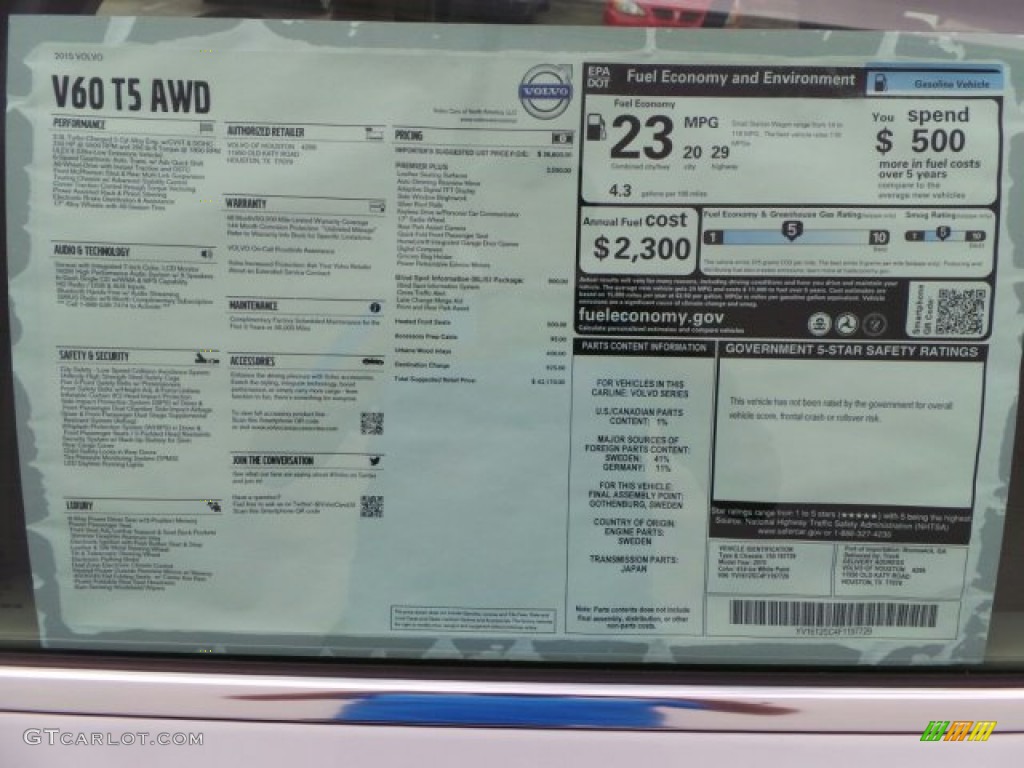 2015 Volvo V60 T5 AWD Window Sticker Photo #92221624