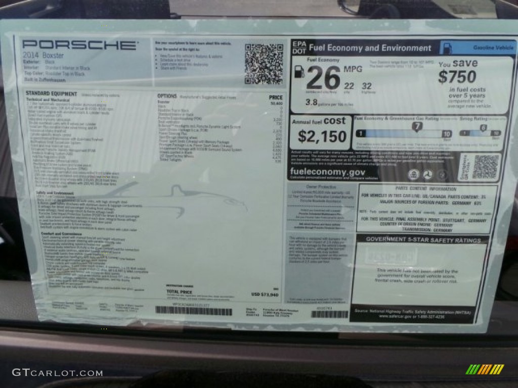 2014 Porsche Boxster Standard Boxster Model Window Sticker Photo #92236784
