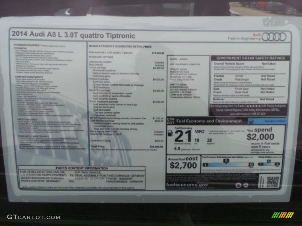 2014 Audi A8 L 3.0T quattro Window Sticker Photo #92237576