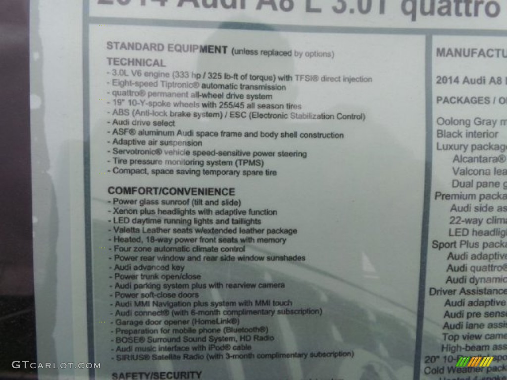 2014 Audi A8 L 3.0T quattro Window Sticker Photos