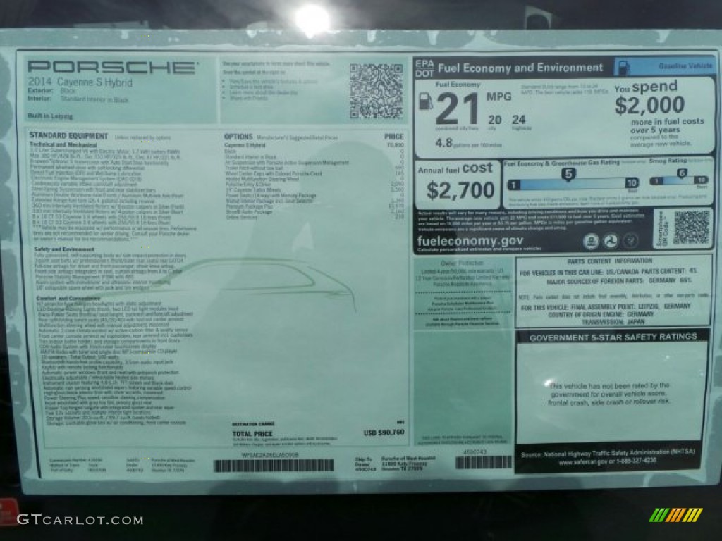 2014 Porsche Cayenne S Hybrid Window Sticker Photo #92237693