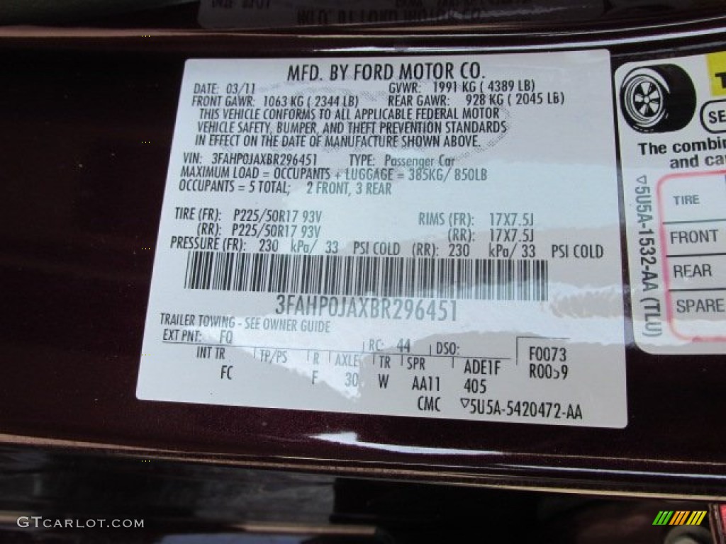 2011 Ford Fusion SEL Color Code Photos