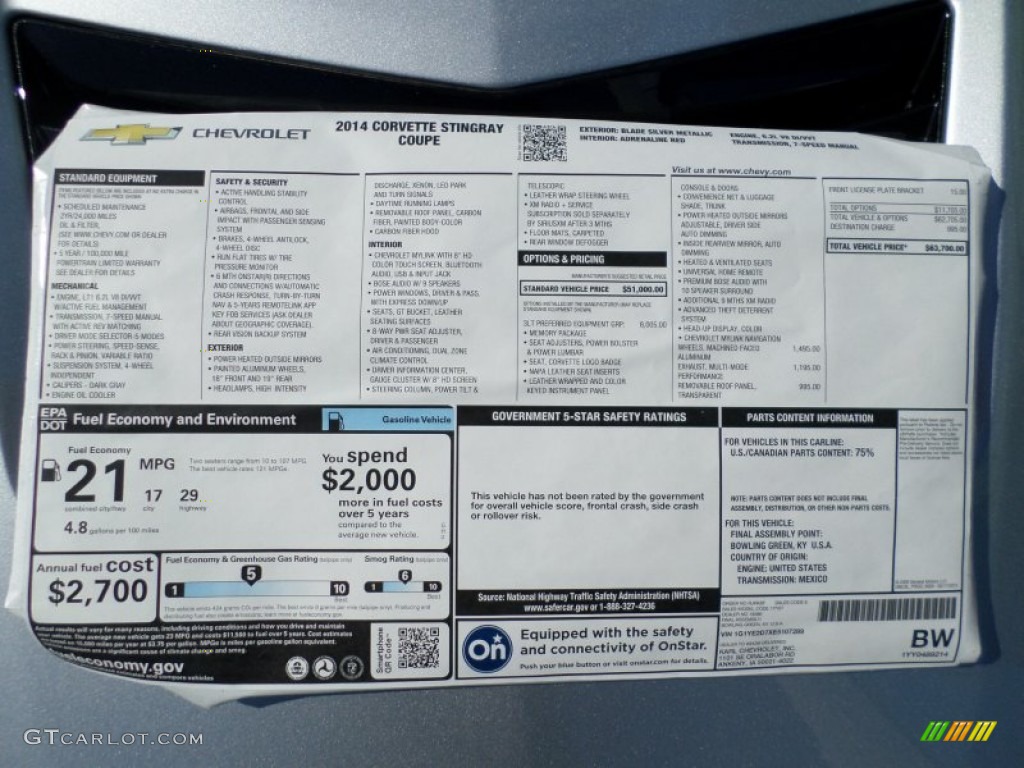 2014 Chevrolet Corvette Stingray Coupe Window Sticker Photo #92373561
