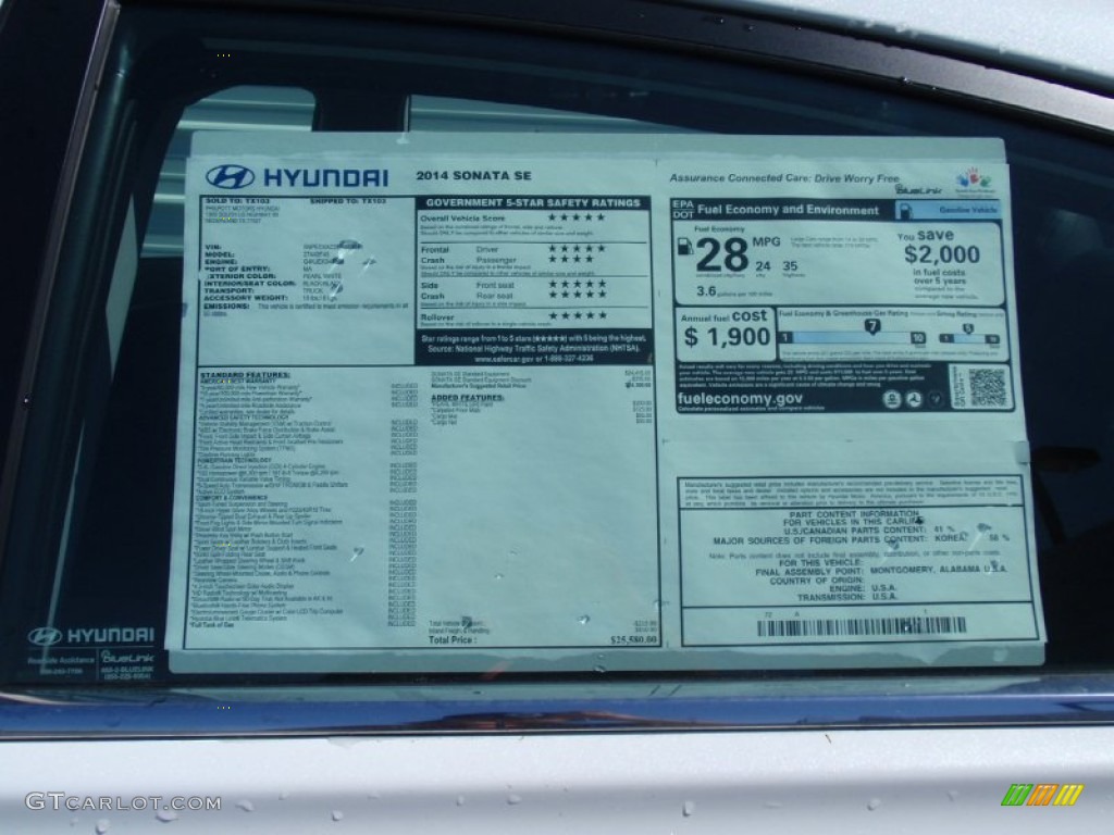 2014 Sonata SE - Pearl White / Black photo #34