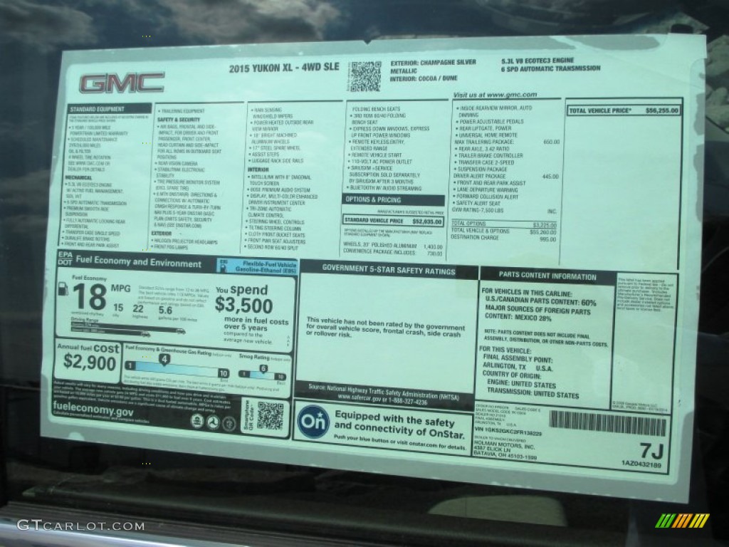 2015 GMC Yukon XL SLE 4WD Window Sticker Photo #92438161