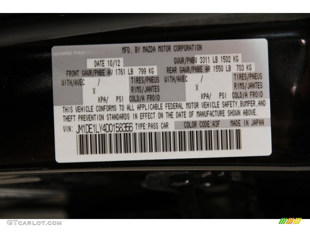 2013 MAZDA2 Color Code A3F for Brilliant Black Photo #92503239