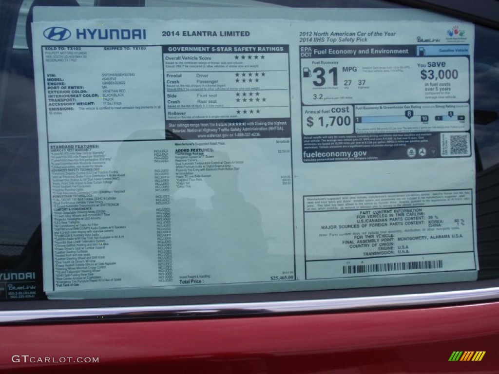 2014 Elantra Limited Sedan - Red / Black photo #36