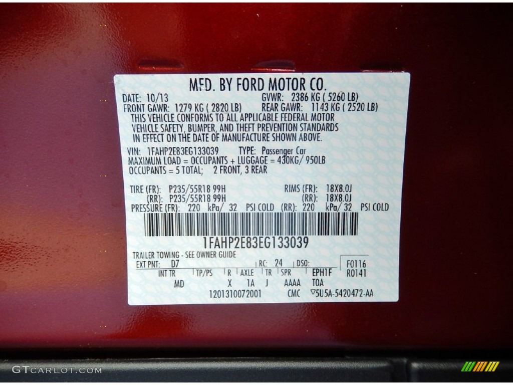 2014 Ford Taurus SEL Color Code Photos