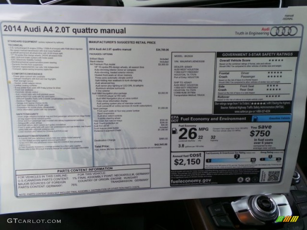 2014 Audi A4 2.0T quattro Sedan Window Sticker Photo #92662076